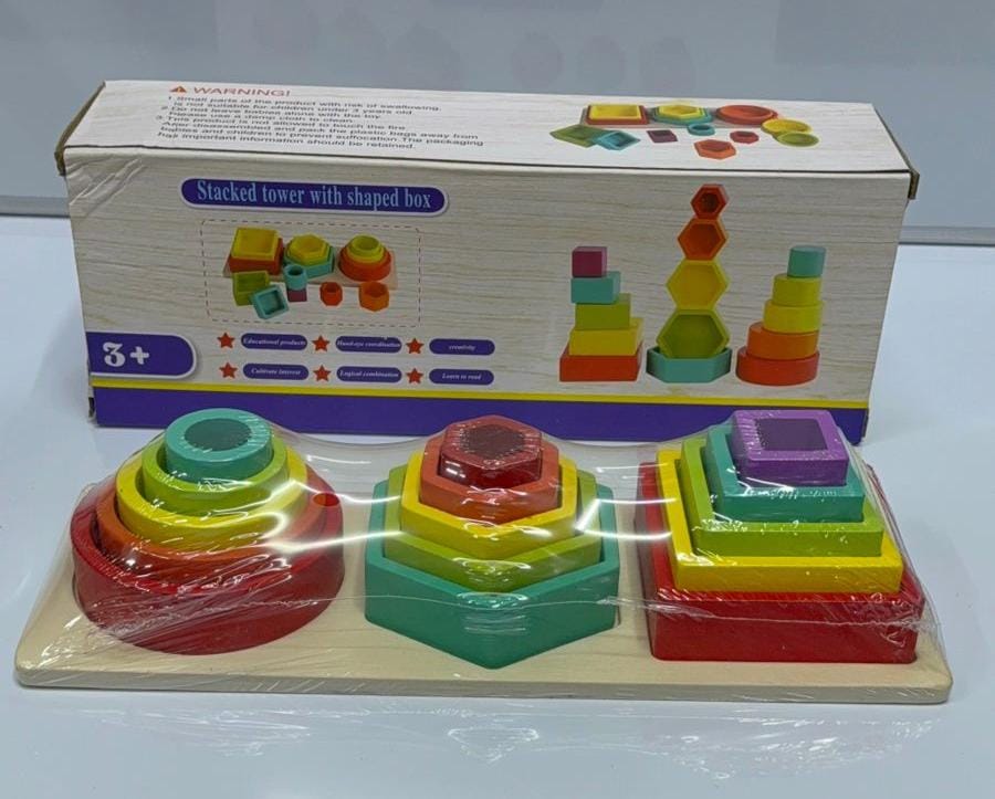 3-in-1 Wooden Stacking & Shape Sorting Tower.