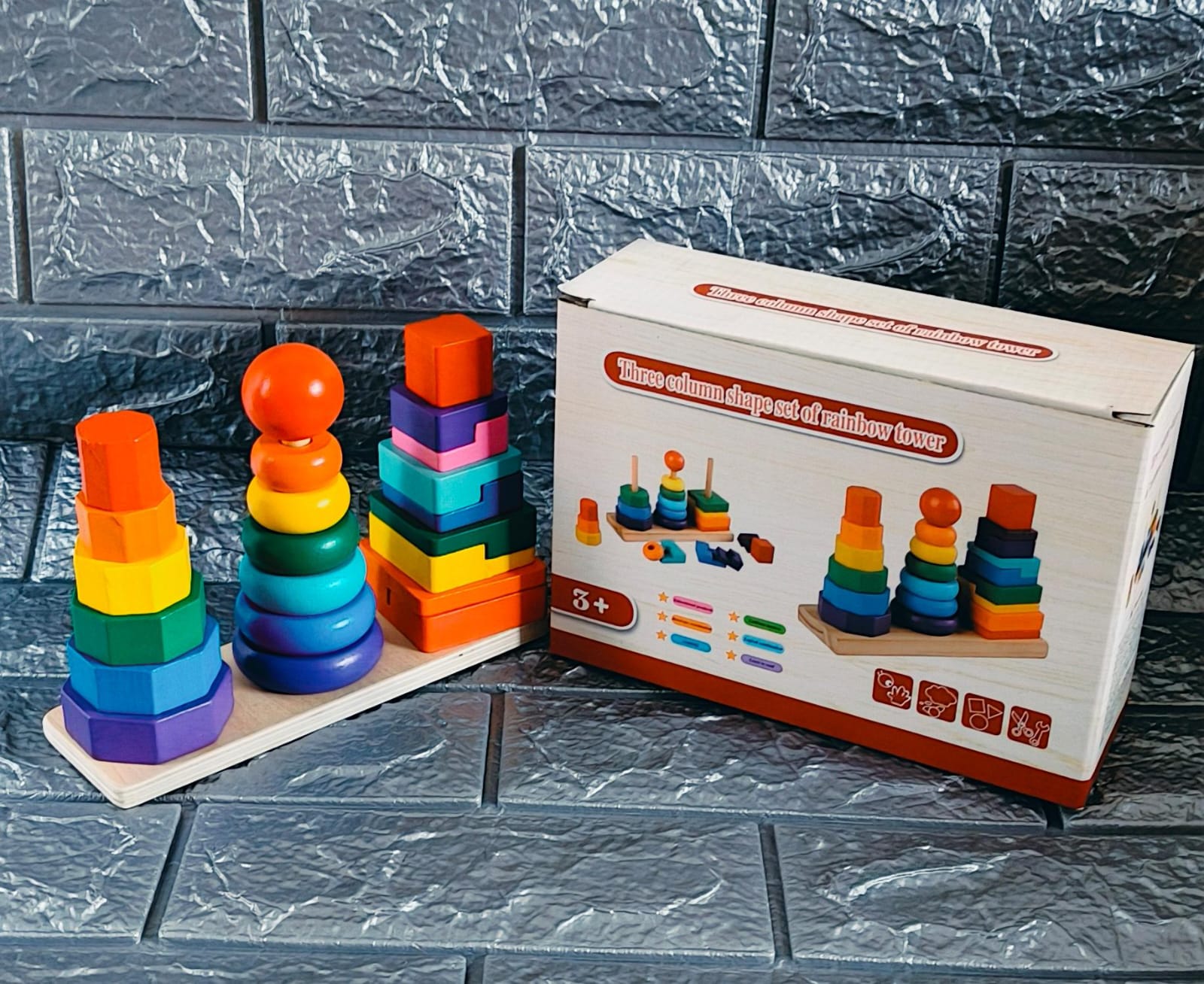 Wooden 3-Column Rainbow Tower Set